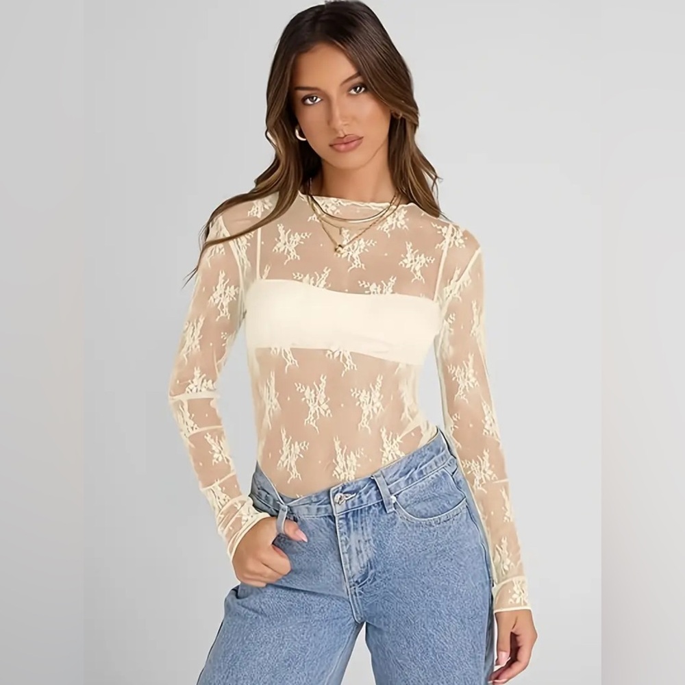 Sheer Ivory Lace Embroidered Mock Neck Mesh Shirt, Long Sleeve Floral Top